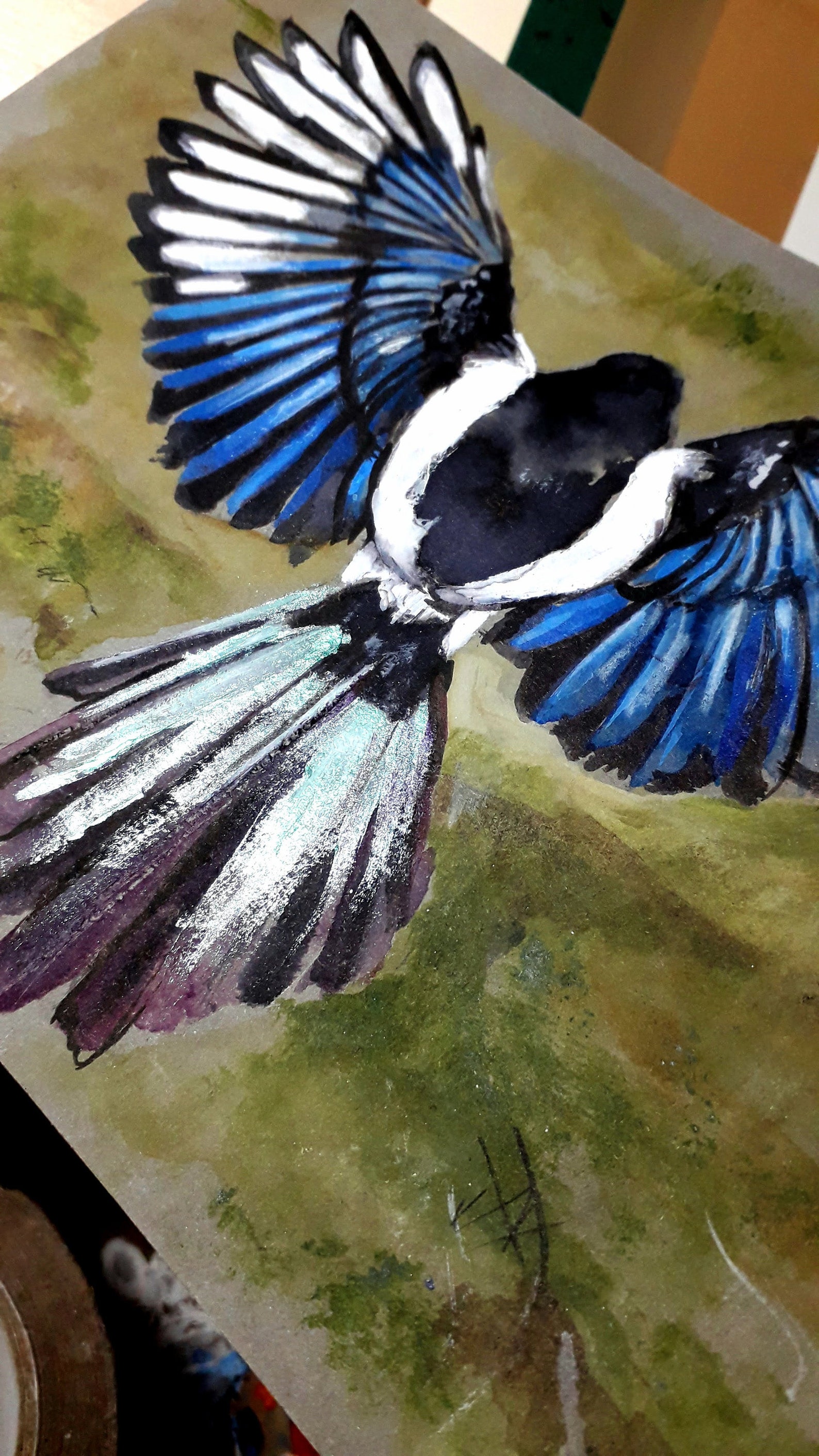 Magpie On Grey 5. Hand-painted magpie artwork on A5 size | Etsy