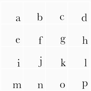 Peut inclure: Un tableau d'alphabet noir et blanc avec les lettres a à z dans une grille. Les lettres sont dans une police simple sans empattement. Le tableau est sur un fond blanc. Le coin inférieur droit du tableau a un logo qui dit "TWO little birds patterns".