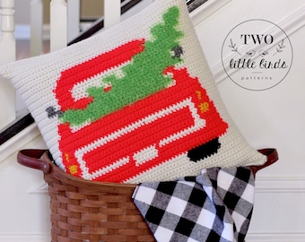 Crochet Christmas pillow pattern, farmhouse Christmas tree truck pillow cover, crochet pattern, crochet holiday decor, The EVERGREEN Pillow