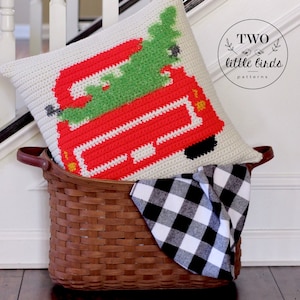 Crochet Christmas pillow pattern, farmhouse Christmas tree truck pillow cover, crochet pattern, crochet holiday decor, The EVERGREEN Pillow image 1