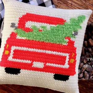 Crochet Christmas pillow pattern, farmhouse Christmas tree truck pillow cover, crochet pattern, crochet holiday decor, The EVERGREEN Pillow