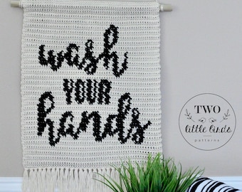 Crochet wall hanging pattern, pdf crochet pattern, diy wall art, bathroom decor, bathroom wall hanging, WASH YOUR HANDS wall hanging