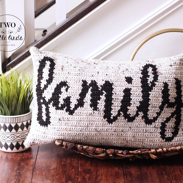 Crochet pillow pattern, family home decor, crochet cushion tutorial, tapestry crochet, farmhouse decor, gift for mom, The FAMILY Pillow