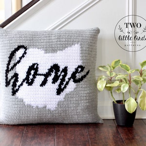 May include: Gray crocheted pillow with the word "home" in black lettering. The pillow is sitting on a wooden floor next to a small plant in a black pot. The text "TWO little birds patterns" is visible in the upper right corner of the image.