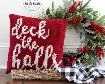 Christmas crochet pattern, crochet pillow cover pattern, tapestry crochet, Christmas throw pillow, instant download, DECK THE HALLS Pillow