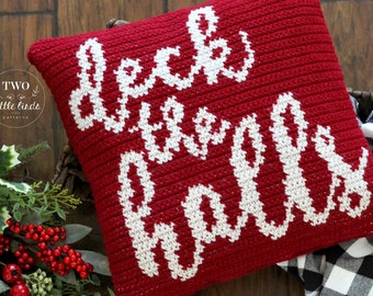 Christmas crochet pattern, crochet pillow cover pattern, tapestry crochet, Christmas throw pillow, instant download, DECK THE HALLS Pillow