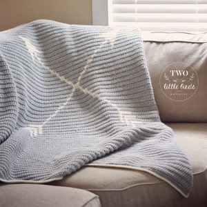 May include: A light blue crochet blanket with a white arrow design. The blanket is folded and draped over a light brown couch. The couch has a pillow with the text "TWO little birds patterns" on it.