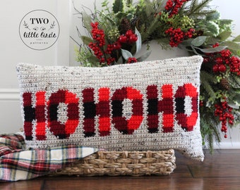 Christmas crochet pattern, crochet pillow cover tutorial, pdf, buffalo plaid, buffalo check decor, christmas throw pillow, HO HO HO Pillow