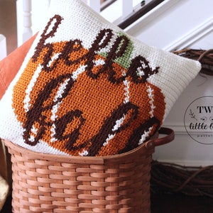 Fall crochet pillow pattern, crochet pillow cover, crochet pumpkin pillow tutorial, autumn home decor, rustic fall decor, HELLO FALL PILLOW image 2