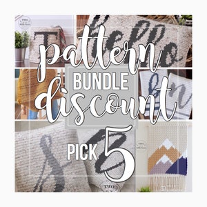 May include: A collage of crochet patterns with the text "pattern bundle discount pick 5" in the center. The patterns include a pillow with the word "hello" on it, a pillow with the letter "B" on it, a pillow with the word "home" on it, a wall hanging with mountains on it, and a basket with the letter "T" on it.