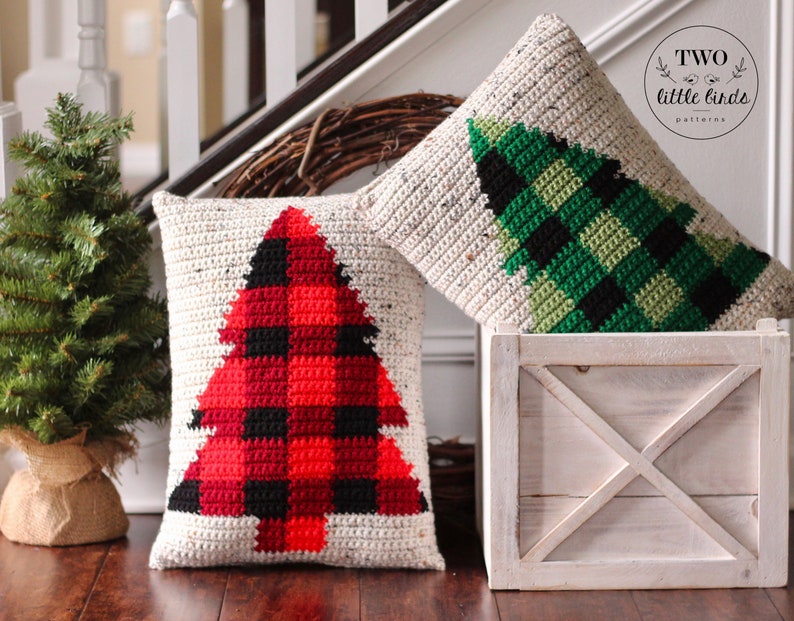 Christmas crochet pattern, crochet pillow pattern, buffalo plaid, buffalo check, crochet Christmas tree, pdf file, The BUFFALO SPRUCE Pillow image 3