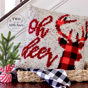 Modello di copertura del cuscino di cervo all'uncinetto, corna all'uncinetto, plaid di bufalo, renna all'uncinetto, decorazioni per la casa all'uncinetto, uncinetto intarsio, cuscino OH DEER