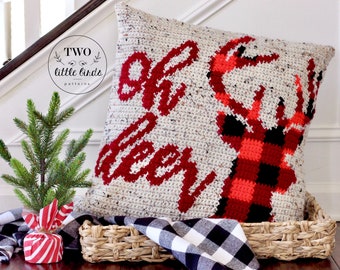 Crochet deer pillow cover pattern, crochet antlers, buffalo plaid, crochet reindeer, crochet home decor, intarsia crochet, OH DEER Pillow