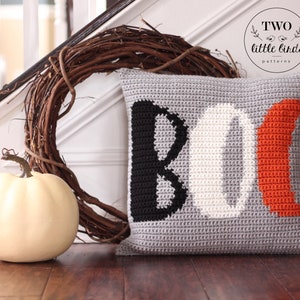 Halloween crochet pattern, fall throw pillow crochet pattern, crochet pillow, boo decor, halloween decor, intarsia crochet, BOO Pillow image 2