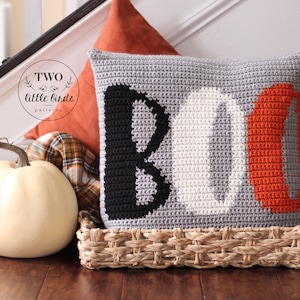 Halloween crochet pattern, fall throw pillow crochet pattern, crochet pillow, boo decor, halloween decor, intarsia crochet, BOO Pillow image 1