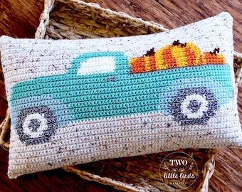 Fall crochet pillow pattern, crochet pumpkin pillow, pumpkins in a truck pillow cover, diy fall decor, instant download, THE HARVEST PILLOW