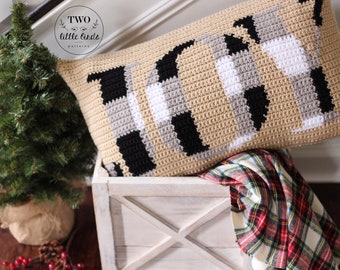 Christmas crochet pillow pattern, crochet pillow cover tutorial, buffalo plaid, buffalo check decor, crochet home decor, JOY PILLOW