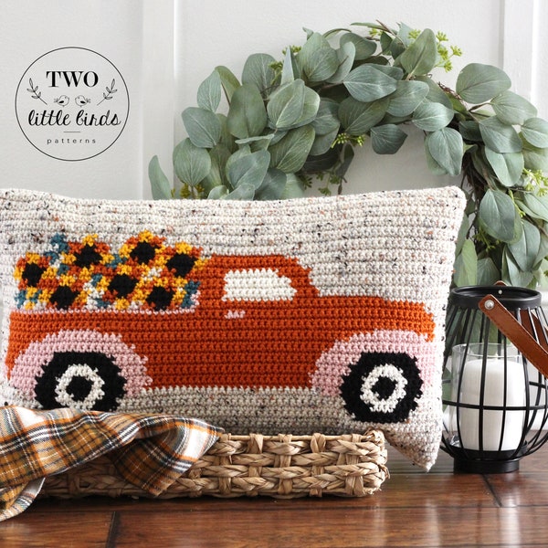 Fall crochet pillow pattern, crochet sunflower pillow, crochet truck pattern, crochet flowers, instant download pdf, THE FIELDS PILLOW