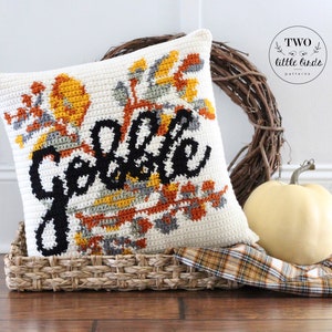 Crochet Thanksgiving pillow pattern, crochet leaf pattern, gobble decor, crochet throw pillow cover, Thanksgiving decor, The GOBBLE Pillow image 1