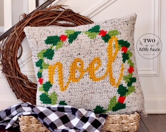 Crochet Christmas pillow pattern, crochet wreath pattern, noel decor, crochet throw pillow cover, diy Christmas decor, The NOEL Pillow