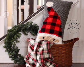 Christmas crochet pattern, Santa Claus pillow, crochet pillow cover pattern, buffalo plaid Christmas, buffalo check, PEEKING SANTA