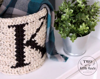 Crochet basket pattern with monogram initial, crochet round basket, housewarming gift idea, chunky basket tutorial, HUNTER MONOGRAM BASKET