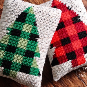 Christmas crochet pattern, crochet pillow pattern, buffalo plaid, buffalo check, crochet Christmas tree, pdf file, The BUFFALO SPRUCE Pillow image 1