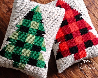 Christmas crochet pattern, crochet pillow pattern, buffalo plaid, buffalo check, crochet Christmas tree, pdf file, The BUFFALO SPRUCE Pillow