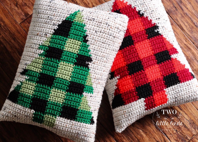 Christmas crochet pattern, crochet pillow pattern, buffalo plaid, buffalo check, crochet Christmas tree, pdf file, The BUFFALO SPRUCE Pillow image 1