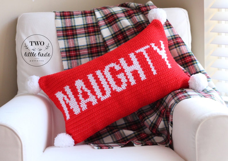 Christmas crochet pattern, christmas pillow pattern, crochet pillow cover, christmas decor, crochet pillow pattern, NAUGHTY OR NICE Pillow image 1