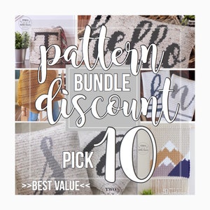 May include: A collage of crochet patterns with a 10% discount on a bundle of patterns. The text "pattern bundle discount 10" is written in white on a grey background. The image includes a variety of crochet projects, including pillows, blankets, and wall hangings.