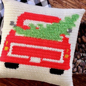 Crochet Christmas pillow pattern, farmhouse Christmas tree truck pillow cover, crochet pattern, crochet holiday decor, The EVERGREEN Pillow image 2