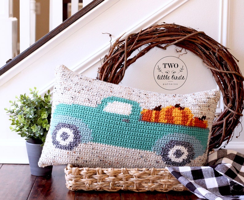 Fall crochet pillow pattern, crochet pumpkin pillow, crochet truck pattern, autumn crochet pattern, instant download pdf, THE HARVEST PILLOW image 1