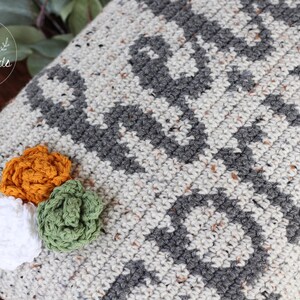 May include: A gray and white crocheted pillow with a geometric pattern. Three crocheted flowers are attached to the pillow: one white, one green, and one orange.