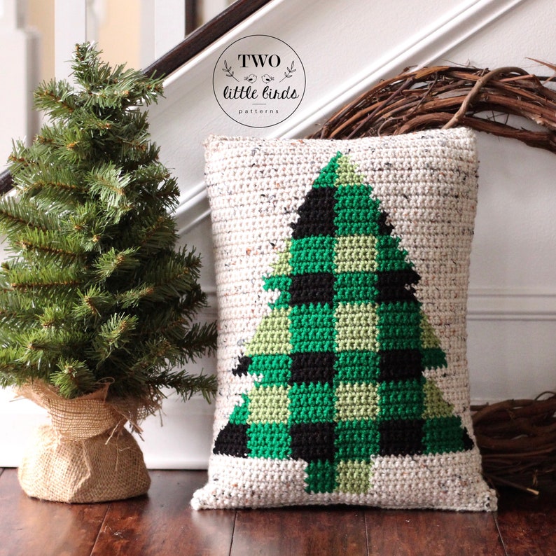 Christmas crochet pattern, crochet pillow pattern, buffalo plaid, buffalo check, crochet Christmas tree, pdf file, The BUFFALO SPRUCE Pillow image 4