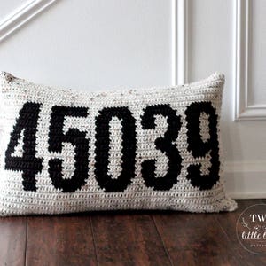 May include: A white and black crocheted cushion with the number "45039" in black.