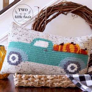 May include: A teal blue crochet cushion featuring a white truck carrying pumpkins. The cushion has a white background with brown speckles. The text "TWO little birds patterns" is on a white circle with a brown border.
