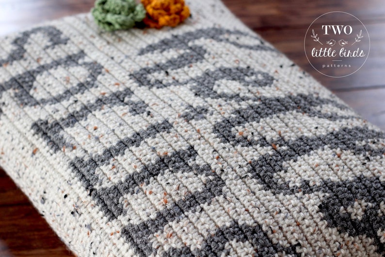 May include: A gray and white crocheted pillow with a geometric pattern. The pillow is made with a chunky yarn and has a textured surface.