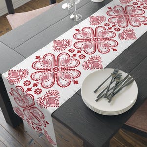 Red Nordic Valentine’s day Table Runner | Scandinavian Floral tablecloth | Traditional Folk Dining Linen