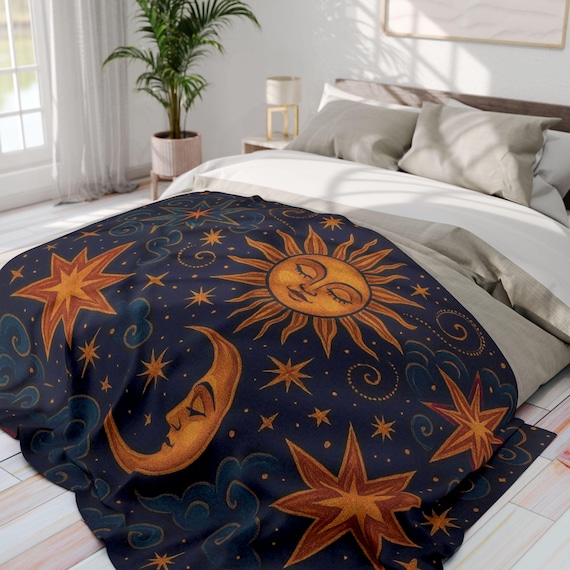 Cosmic Blanket | Celestial Moon Sun Stars Throw | 90s Nostalgic Bedding | Whimsical bedspread