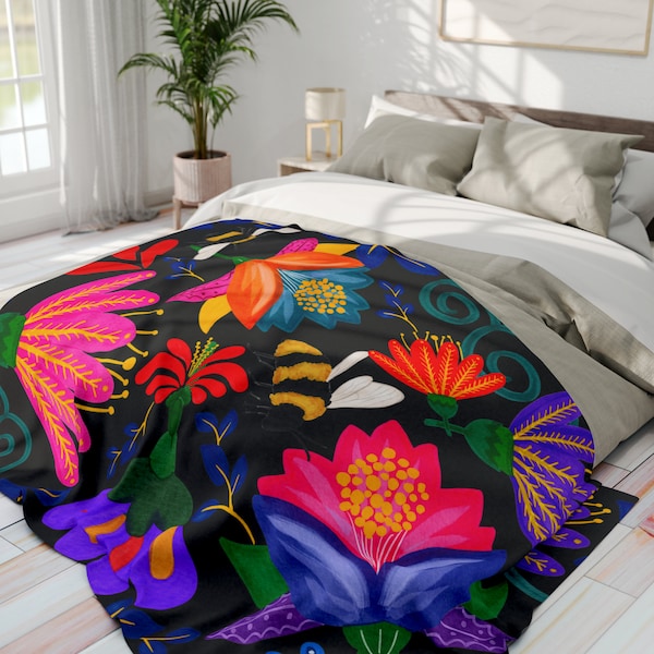 Mexican inspired flowers colorful bird Arctic Fleece Blanket Arctic Fleece Blanket 60"x80" Bedroom blanket living area throw blankie