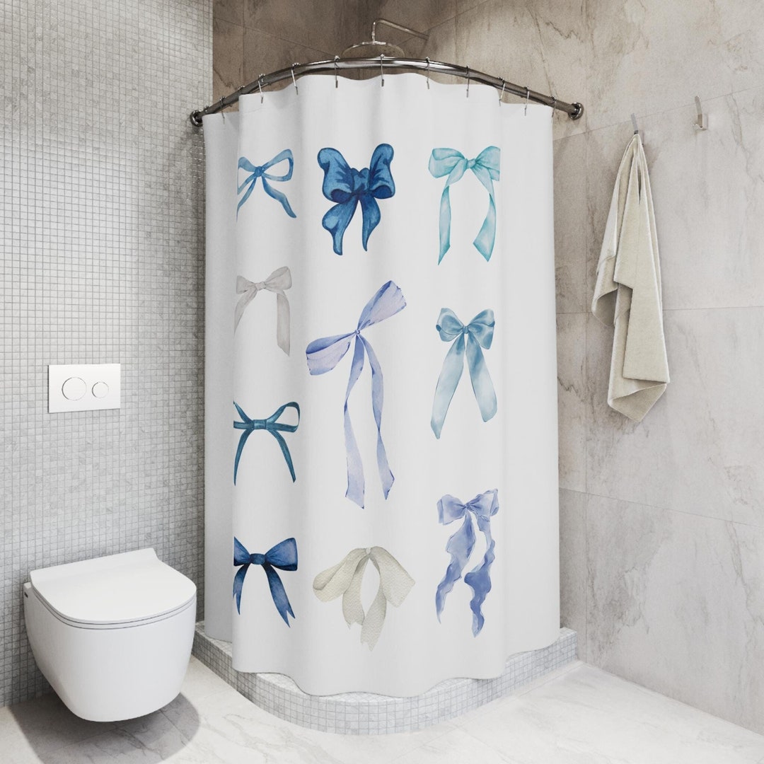 Blue Bow Shower Curtain, Coquette Shower Panel, Blue Coquette Ribbon