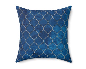 Blue Gold moroccan Faux Suede Square throw pillow case | Luxury Home Decor