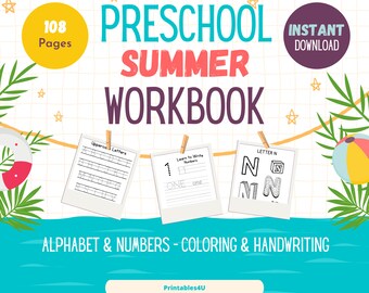 Pre K Writing Summer Busy Book Workbook Printable Activity (Preschool Handwriting, Alphabet and Numbers) over 100 pages