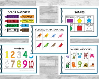 Op de afbeelding: Een set printbare educatieve activiteitenbladen voor kinderen. De bladen bevatten kleurmatching, vormmatching, nummermatching, gekleurde vogelmatching en monstermatching.