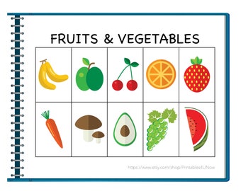 May include: A printable worksheet with the title "FRUITS & VEGETABLES" and images of various fruits and vegetables, including bananas, apples, cherries, oranges, strawberries, carrots, mushrooms, avocados, grapes, and watermelon.