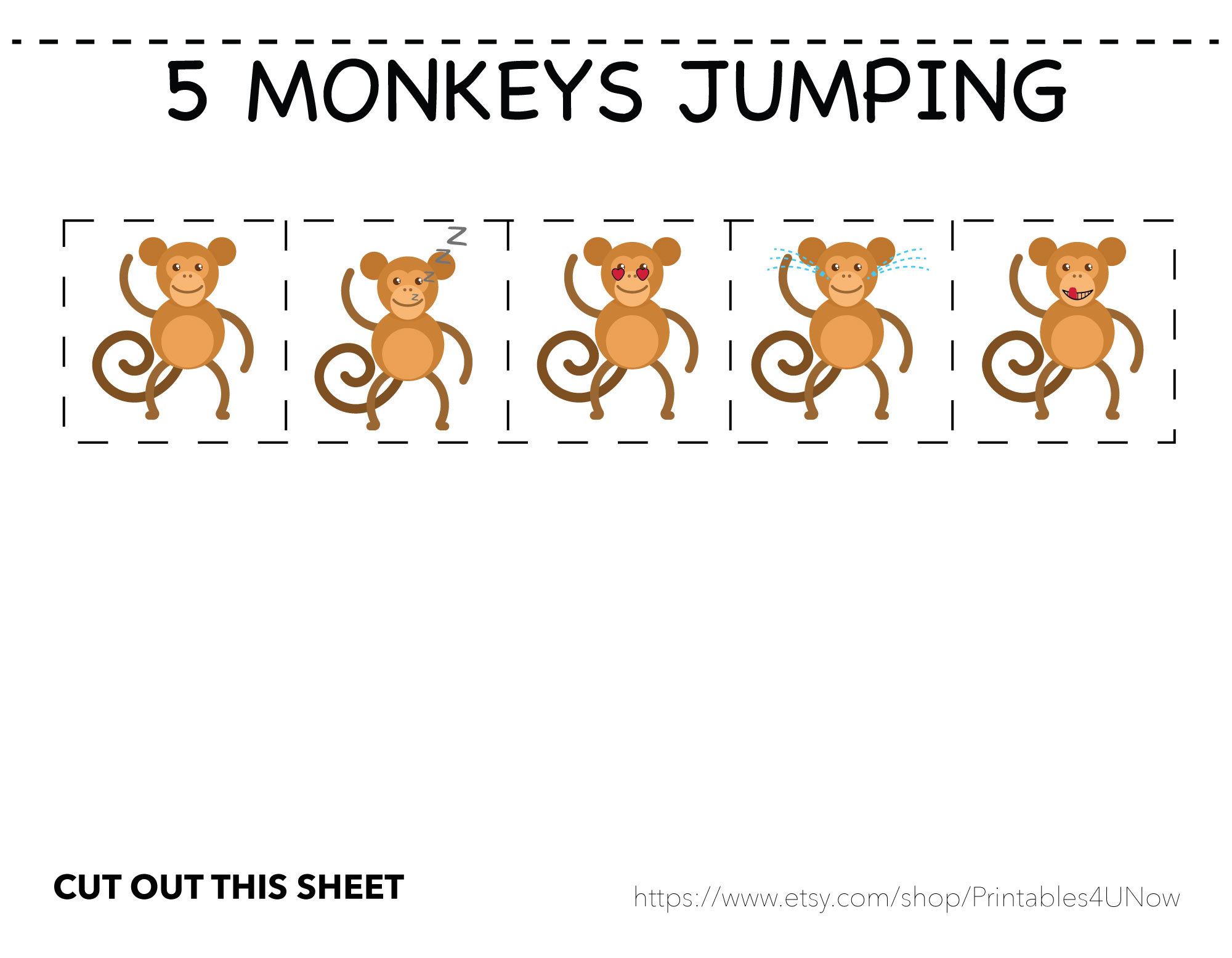 5 Little Monkeys Jumping on the Bed Easy on Printer Toddler Etsy Hong