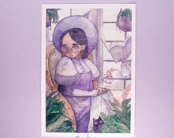 Art Print A5 Sweet relaxing tea time with Witch Cecil & Black Void cat Puddles watercolour illustration by Coraline Caroline