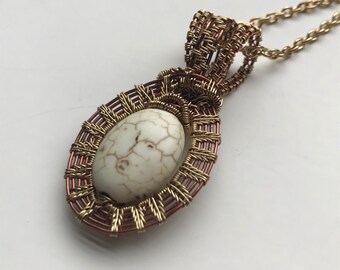 Copper and Gold Wire Wrapped White Howlite Pendant. Antique copper and Yellow Gold color tarnish resistant wire.