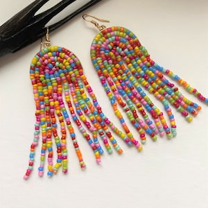 Rainbow Seed Bead BOHO Statement Dangle and Drop earrings. Bold handmade modern Jewelry. Contemporary Unique earrings. Multicolor and gold.